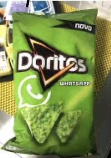 A green Doritos bag with the WhatsApp logo, flavour text WHATSAPP and a NOVO sticker