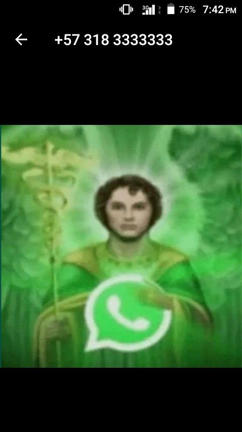 A phone screenshot of a WhatsApp contact from a Colombian +57 number whose profile picture is a holy card of a saint holding the WhatsApp logo